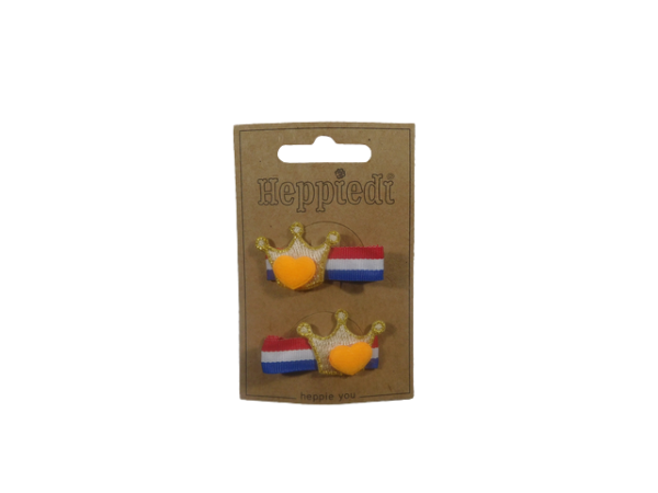 22626 Haarknijper middel koningsdag r/w/bl met kroontje goud