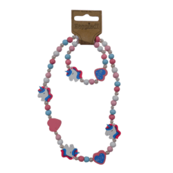 25305 Ketting + armband hout unicorn wit/roze/blauw