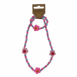 25306 Ketting + armband hout bloem roze/blauw
