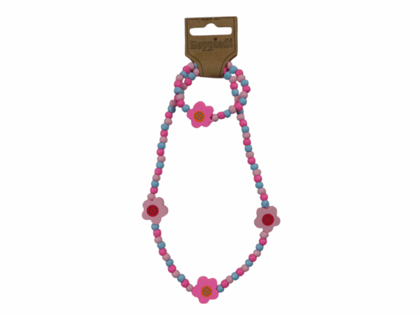 25306 Ketting + armband hout bloem roze/blauw