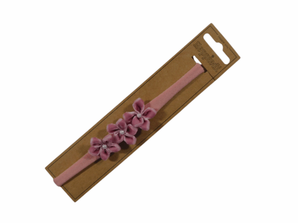 25515 Babyhaarband smal 3 bloempjes velours oud roze