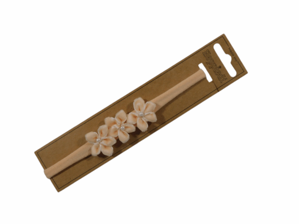 25516 Babyhaarband smal 3 bloempjes velours zalmroze