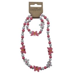 26310 Ketting + armband hout vlinder roze/wit