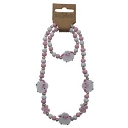 26312 Ketting + armband hout lammetje roze/wit